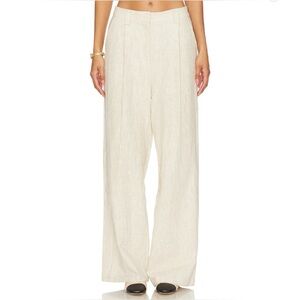Lioness Low-Waist Wide Leg Linen-Blend Trousers in Natural Beige